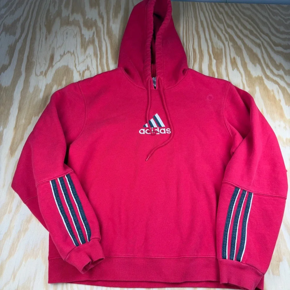 Y2K Vintage Adidas Mens M Red Embroidered Center Logo Pullover Hoodie Sweatshirt